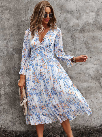 Women's Casual Long Sleeve V Neck Loose Floral Dress Long Dresses Swing Dress for Women