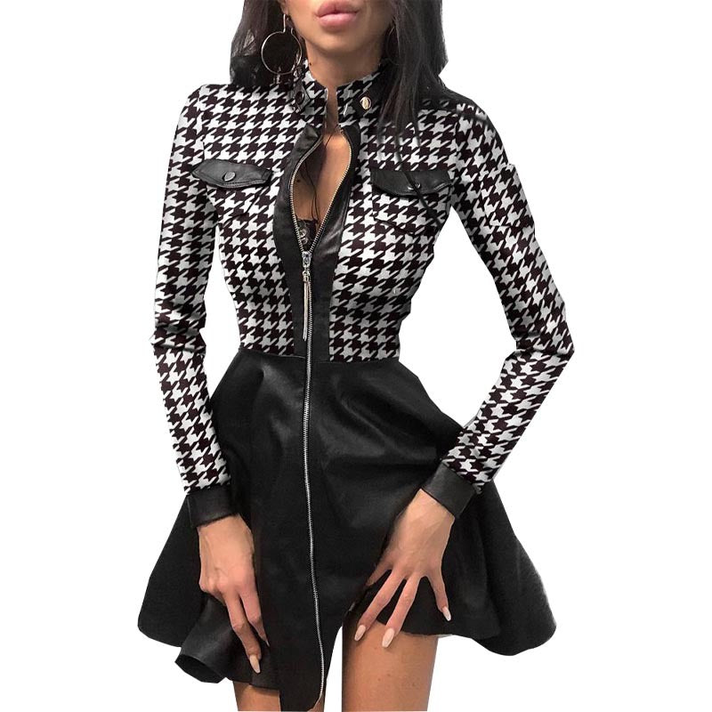 Women's PU Faux Leather Houndstooth Patchwork Zipper Up Club Party A-Line Dress