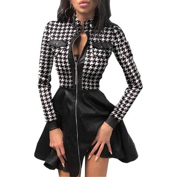 Women's PU Faux Leather Houndstooth Patchwork Zipper Up Club Party A-Line Dress