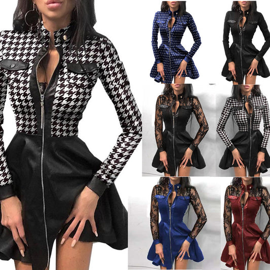 Women's PU Faux Leather Houndstooth Patchwork Zipper Up Club Party A-Line Dress