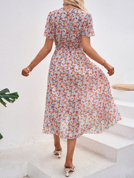 Women's Summer Casual Dress Floral Wrap V Neck Short Sleeve Belt Wasit Tie Ruffle Hem High Split A Line Maxi Dress Boho