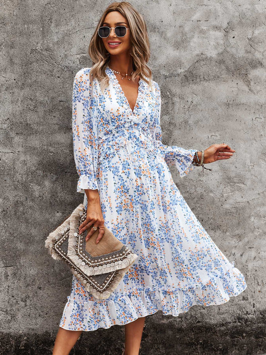 Women's Casual Long Sleeve V Neck Loose Floral Dress Long Dresses Swing Dress for Women