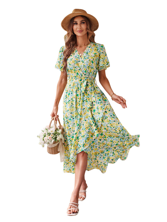 Women's Dresses Casual Summer Wrap V Neck Short Sleeve Belted Ruffle Hem A-Line Bohemian Maxi Dress