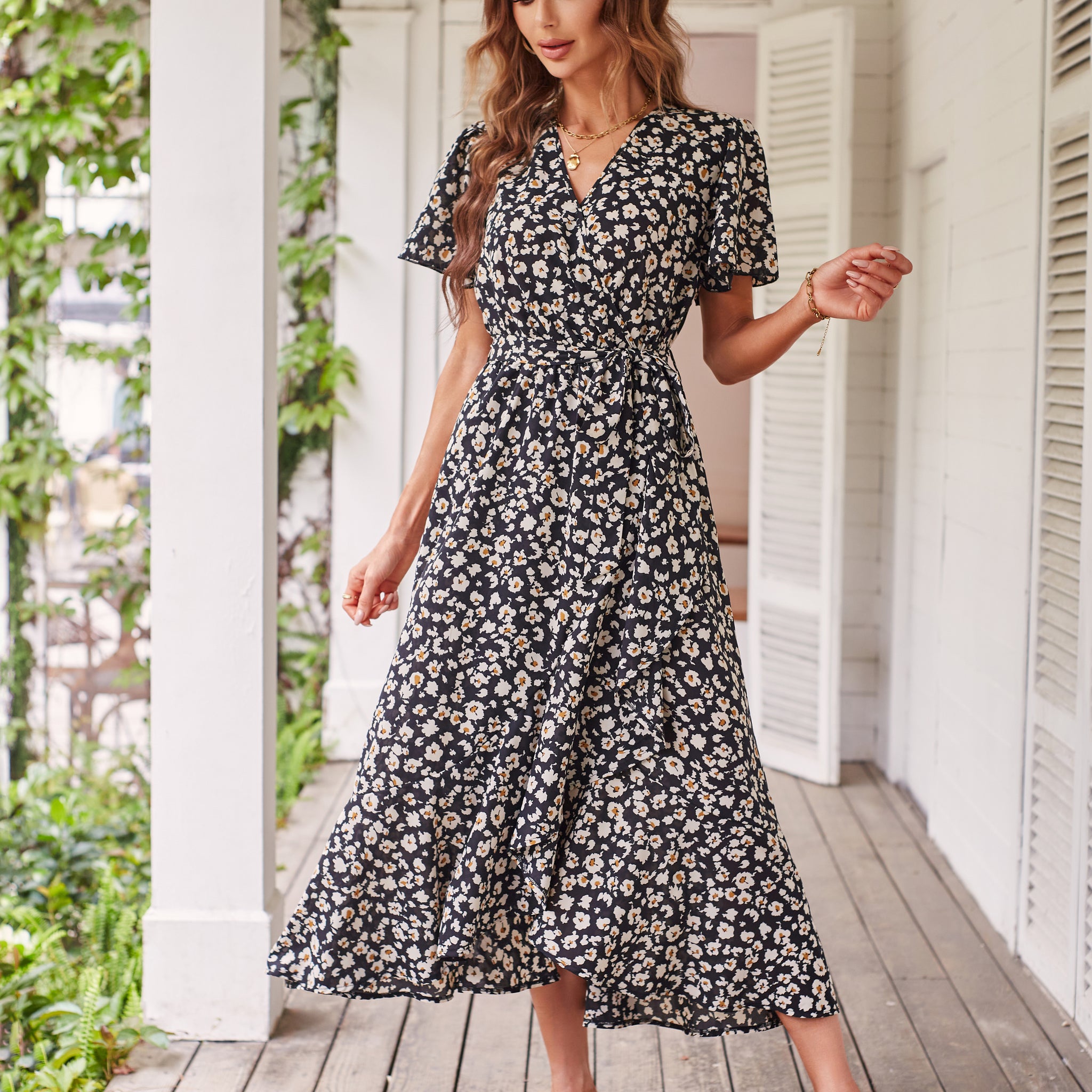 Women's Dresses Casual Summer Wrap V Neck Short Sleeve Belted Ruffle Hem A-Line Bohemian Maxi Dress