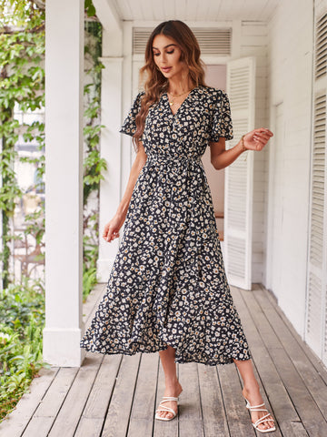 Women's Dresses Casual Summer Wrap V Neck Short Sleeve Belted Ruffle Hem A-Line Bohemian Maxi Dress