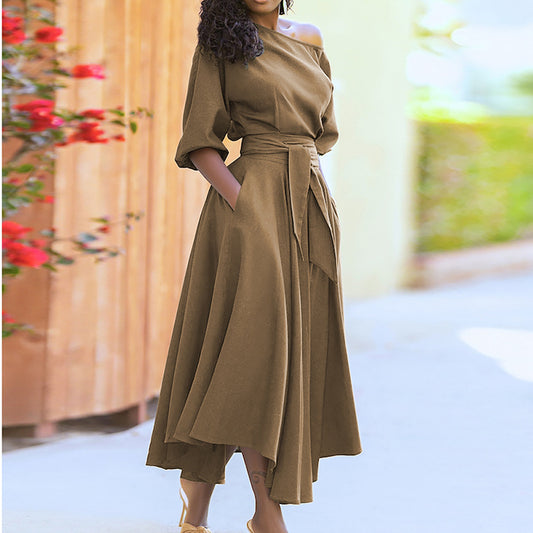 Women's Elegant Batwing Sleeve Cocktail Party Dress Solid Casual Loose Ruched Slit Midi Dress with Belt