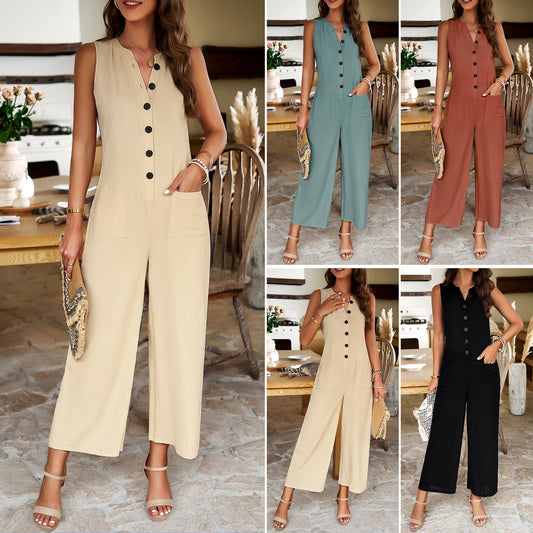 Women Wide Leg One Piece Jumpsuit Sleeveless Loose Baggy Dressy Button Down Romper Casual Summer Outfits with