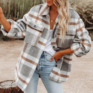 Womens Casual Plaid Button Down Long Sleeve Shirts Flannel Shacket Jacket Coats