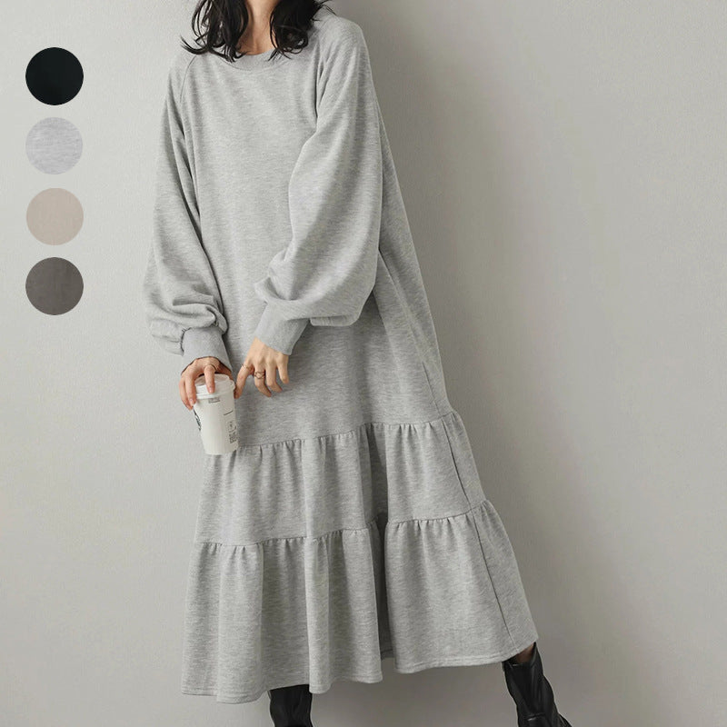Long-sleeved ruffled hoodie dress Autumn casual loose-fit layered crew-neck pullover dress Long dress with pockets