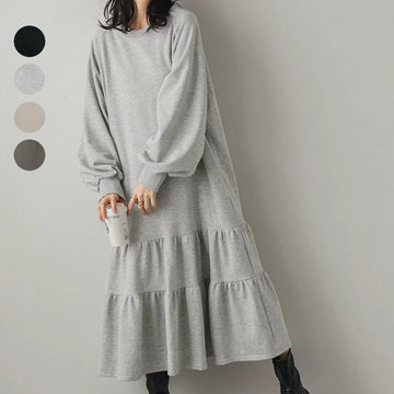 Long-sleeved ruffled hoodie dress Autumn casual loose-fit layered crew-neck pullover dress Long dress with pockets