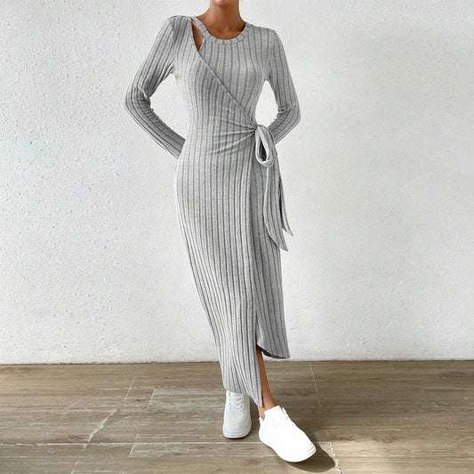 Women's Knitting Sweater Bodycon Dress Asymmetric Knot Maxi Long Sleeve Fit Round Neck Solid Dresses Woman