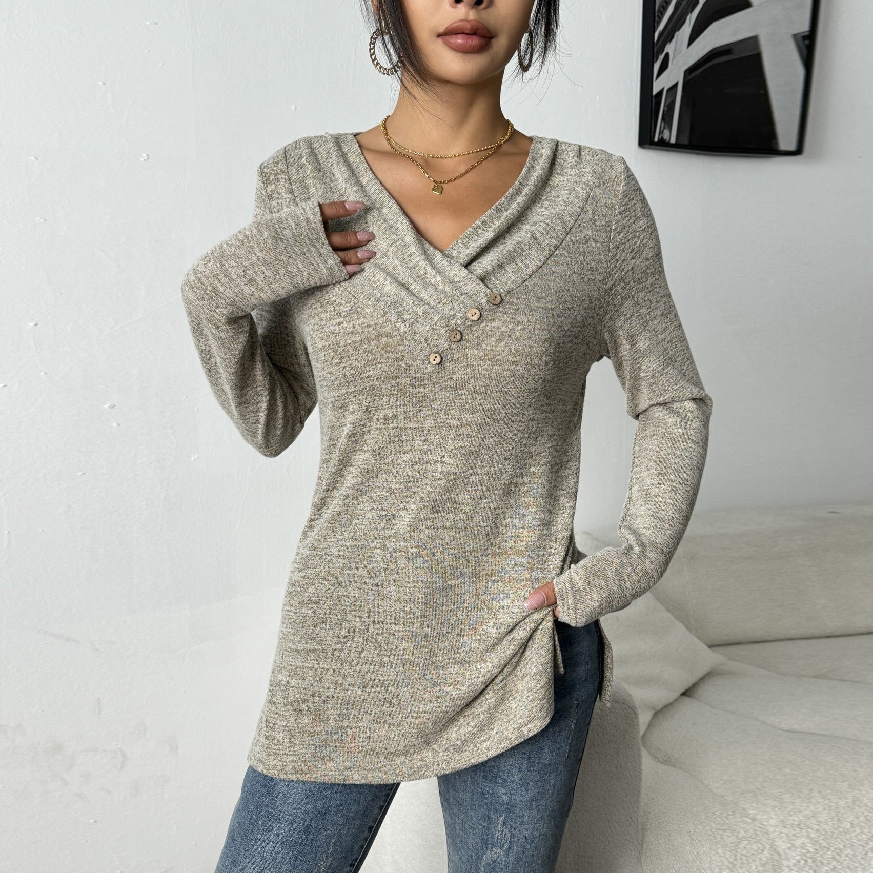 Women's Fall Long Sleeve Tunic Tops for Leggings V Neck Button Casual Blouse Sweatshirt