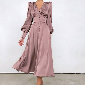 Women's Puff Sleeve Satin Maxi Dress Long Lantern Sleeve Button Down Ruffle Single Breasted Vintage Midi Dresses