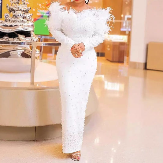 Formal Evening Dress Stretch Crepe Off Shoulder Long Sleeve Floor Length Mermaid Elegant Party Dress with Feather 2025