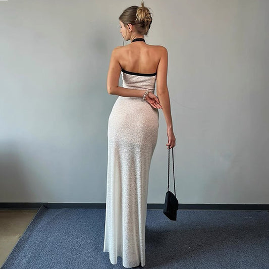 Women's Halter Neck Ruched Strapless Color-Blocking Bow Design Sleeveless Tube Bodycon Maxi Dresses