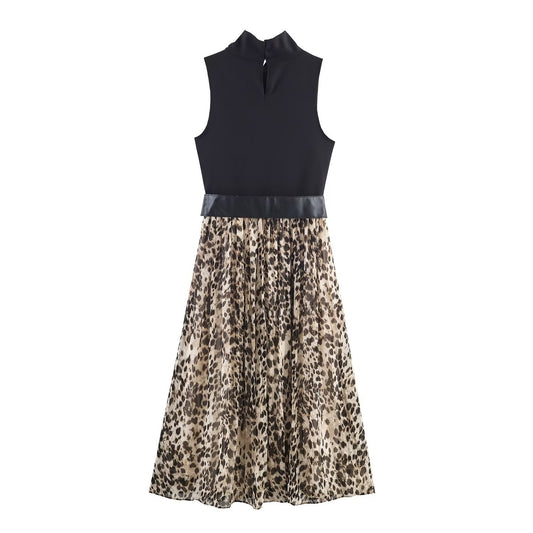Women A Line Midi Dress High Neck Sleeveless Animal Print Patchwork Design with Wide Faux Leather Belt Elegant