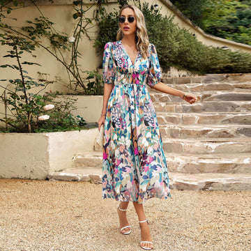 Women's Summer Floral Dress Wrap V Neck Short Sleeve Belted Ruffle Beach A-Line Bohemian Maxi Dresses