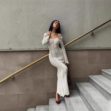 Women Sexy Long Sleeve Sweater Dress Scoop Neck Bodycon Crochet Knit Maxi Long Dress
