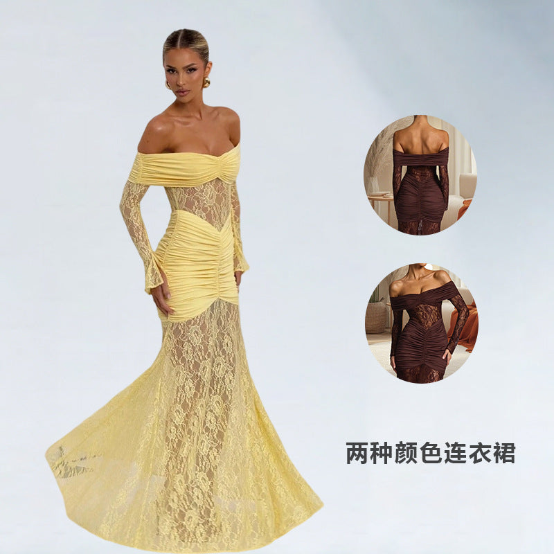 Women's Long Sleeve Off Shoulder Lace Ruched Ruffles Bodycon Sexy Nightclub Party Dress