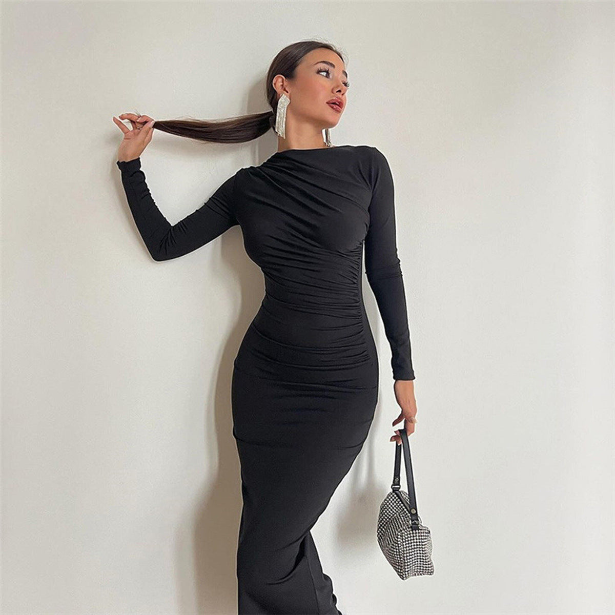 Women's Sexy Round Neck Long Sleeve Elegant Ruched Stretchy Bodycon Party Long Dress Work Office Midi Pencil Dress