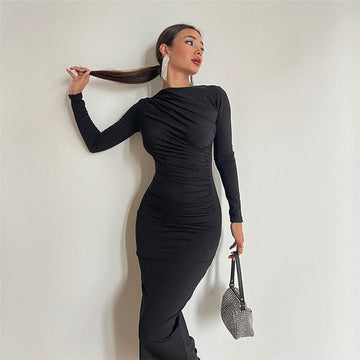 Women's Sexy Round Neck Long Sleeve Elegant Ruched Stretchy Bodycon Party Long Dress Work Office Midi Pencil Dress