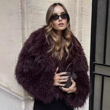 Womens Faux Fur Coat Cropped Fluffy Fur Jacket Long Sleeve Lapel Collar Winter Fuzzy Shaggy Short Coat