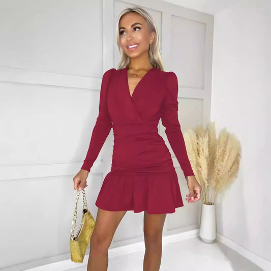 Women's Vintage Long-Sleeved Dress Sexy V-Neck Pleated Slim-Fitting Dress