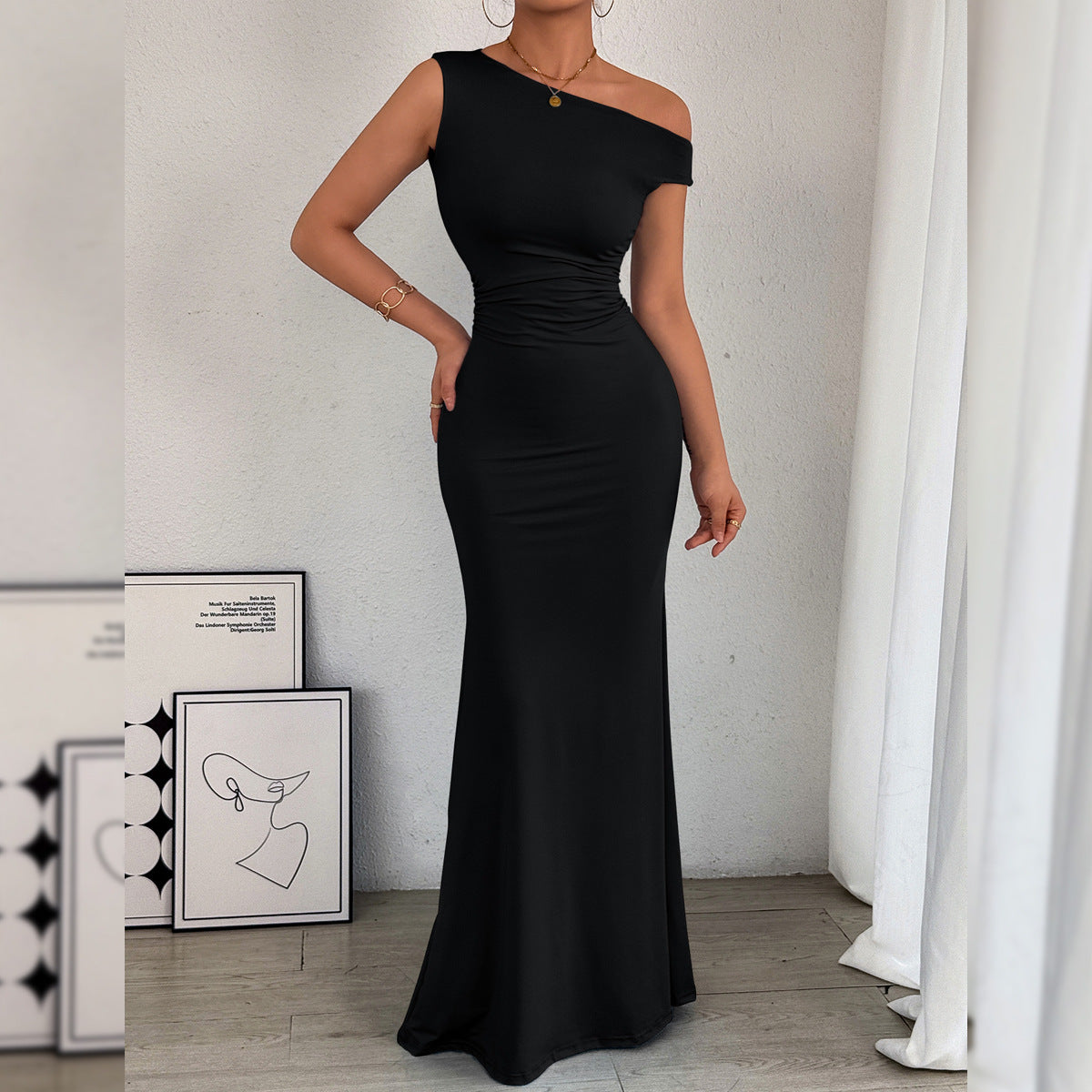 Women's Elegant One Shoulder Evening Party Dress Slim Fishtail Formal Cocktail Gowns Long Dressees