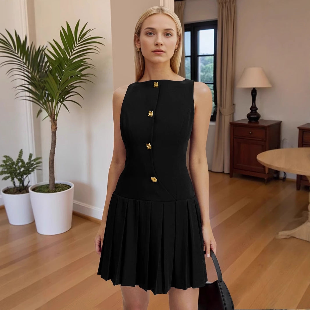 Women Sleeveless Business Work Office Mini Dress Sleeveless Button Formal Short Pleated Dress Fall Winter Outfits