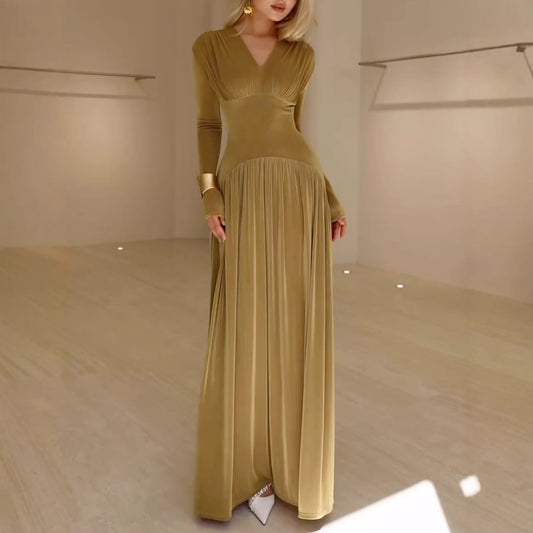 Long Sleeve Maxi Dresses for Women 2025 Fall Casual V Neck Flowy Ruched Elegant Wedding Guest Dress