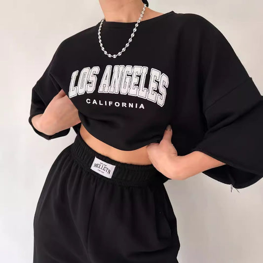 New Women's Casual Commuter Print Short-Sleeved Sweatshirt and Trousers Two-Piece Set