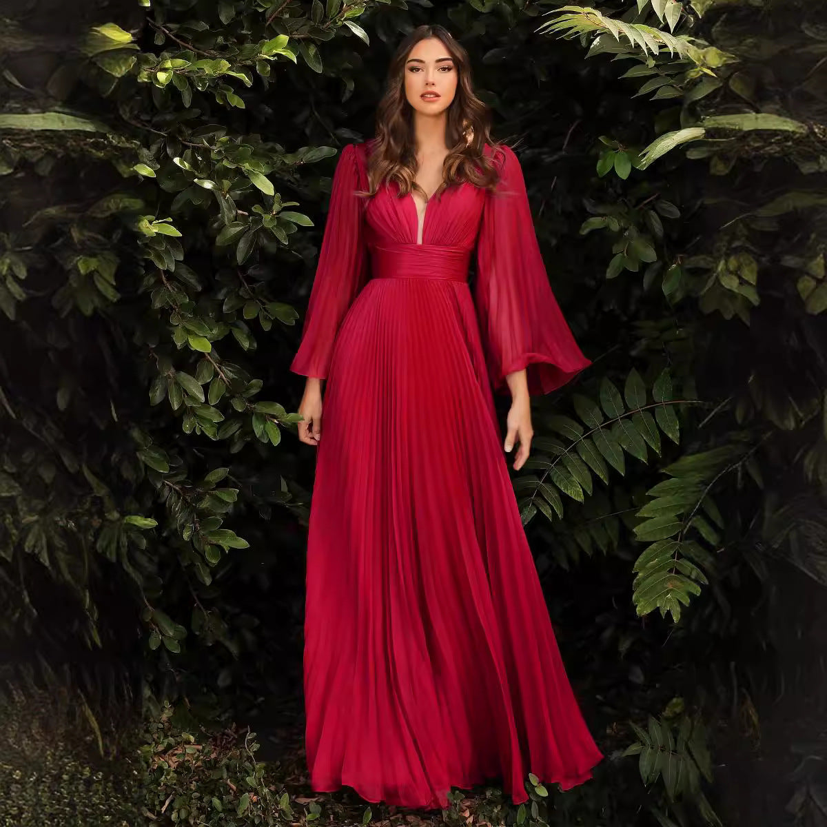 Women's Flared Sleeve V-Neck Party Prom Dresses Backless Pleated Maxi Dress Formal Evening Gowns