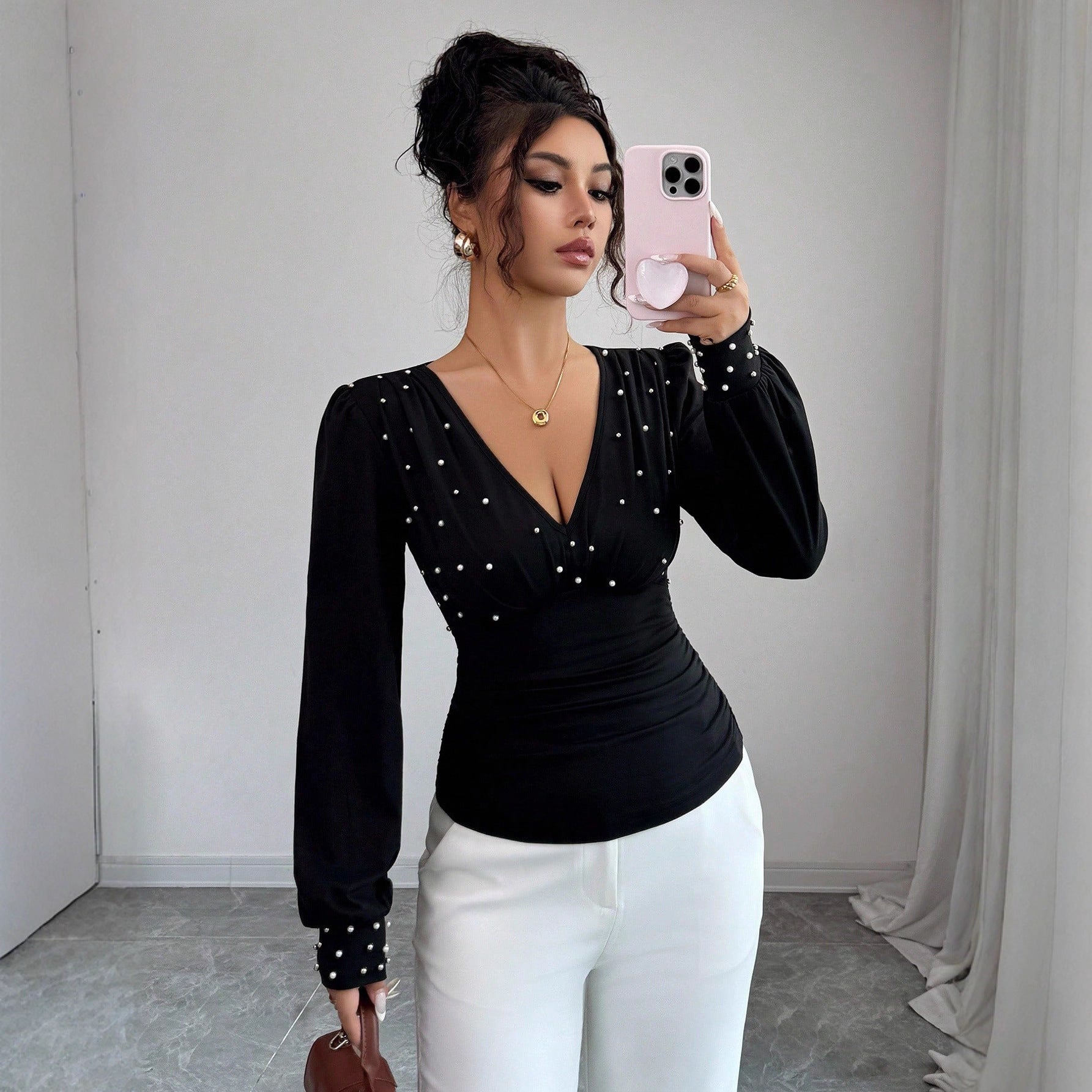 Women's Sexy  Deep V Neck Long Sleeve Pearl Ruched Draped Blouse Fashion Bead T Shirt Top