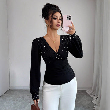 Women's Sexy  Deep V Neck Long Sleeve Pearl Ruched Draped Blouse Fashion Bead T Shirt Top