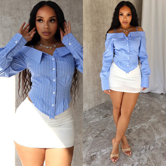 Women's Striped Button Down Shirts Casual Off Shoulder Spaghetti Strap Long Sleeve Tops Office Work Blouses