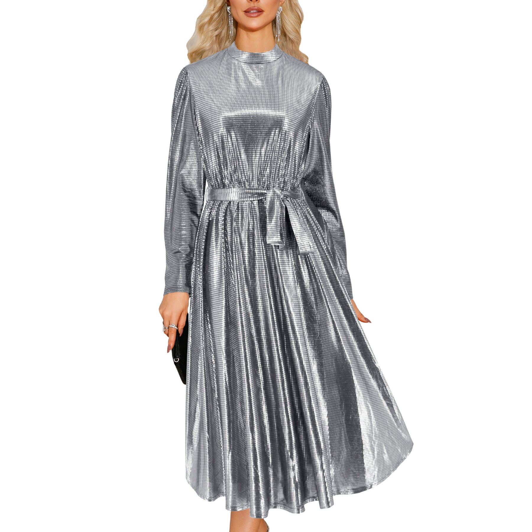 Women Fall Sparkle Long Sleeve Flowy Metallic Midi Dress Formal Party Disco Club Going Out Long Dresses with Belt