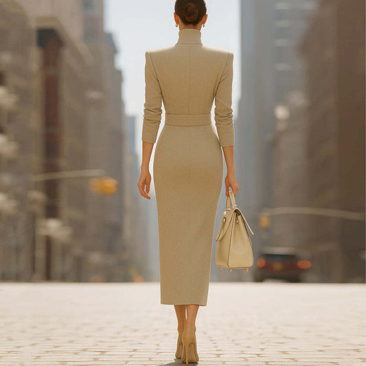 Womens Sexy Long Sleeve Deep V Neck Suede Bodycon Party Clubwear Belted Dress