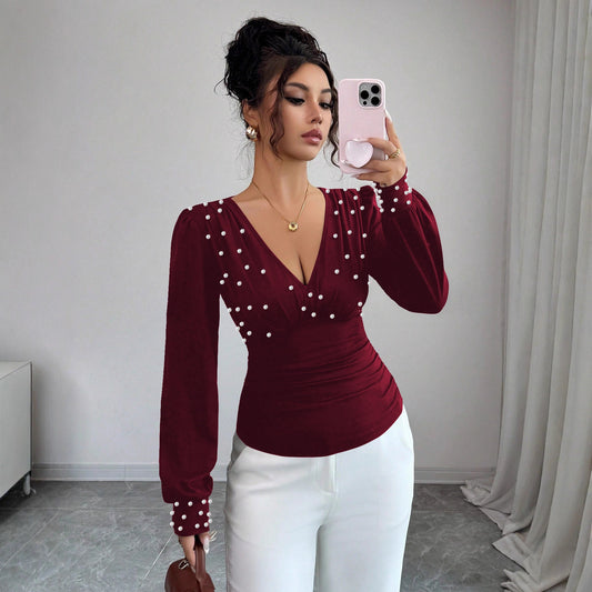 Women's Sexy  Deep V Neck Long Sleeve Pearl Ruched Draped Blouse Fashion Bead T Shirt Top