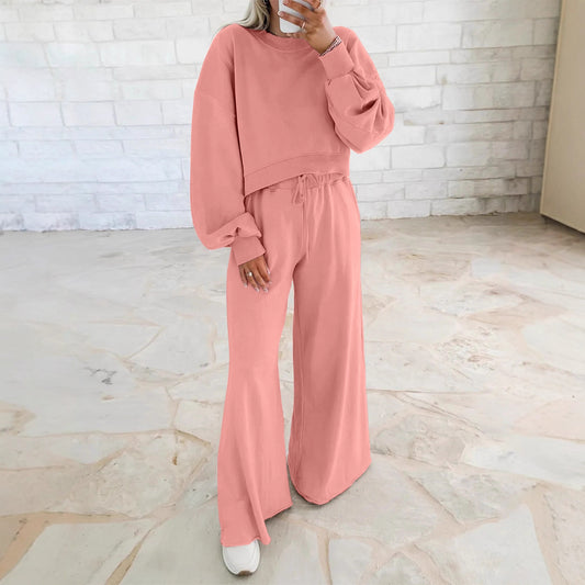 Off-the-shoulder puff-sleeve cropped jumper paired with drawstring wide-leg trousers Women's ensemble