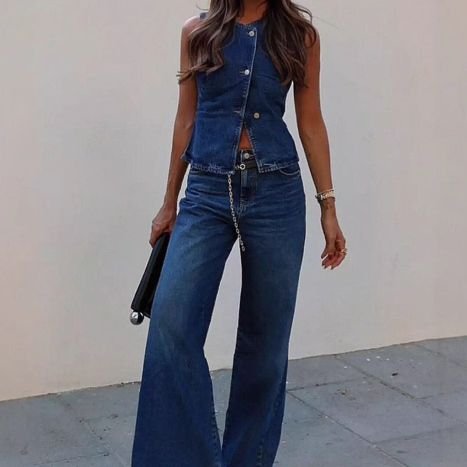 Women's Sleeveless Waistcoat Fashion Wide-Leg Denim Suit
