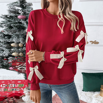 Women Trendy Long Sleeve Crewneck Valentines Sweatshirts with Bows Cute Christmas Holiday Tops