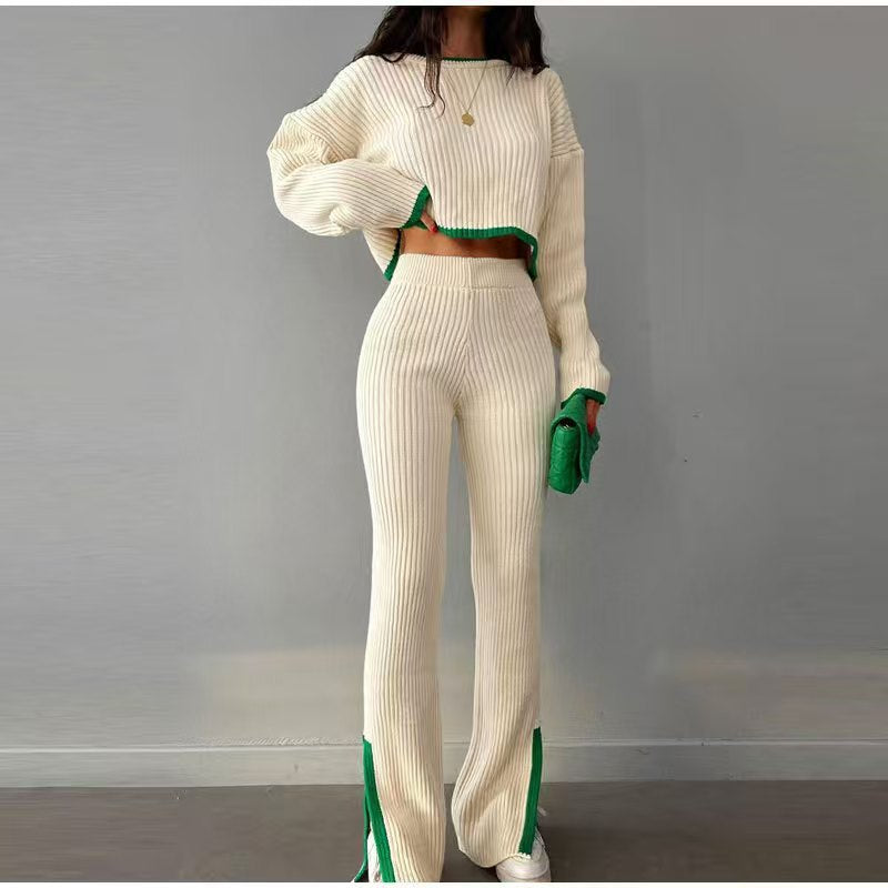 Sets 2 Piece Outfit Long Sleeve Knitted  Two Piece Outfit for Women Top +High Waist Pants