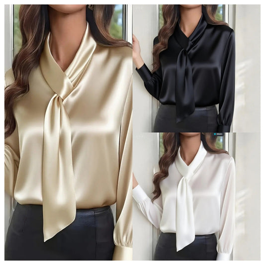 Autumn Solid-Colour Fashion-Forward Ribbon-Tie Long-Sleeved Blouse for Women