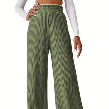 Women Winter Pleated Medium Strecth Casual Loose Elastic Waist Knitted Trousers Wide Leg Pants