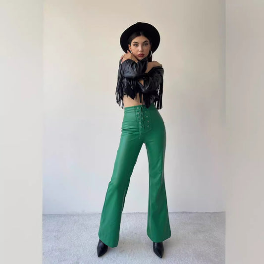Women's Y2k Style Lace Up High Waist PU Leather Flare Bell Bottom Skinny Pants
