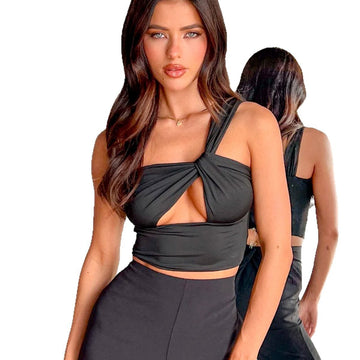 Women Solid Color One-Shoulder Cut-Out Sexy Crop Top Sleeveless Bodycon Summer Top