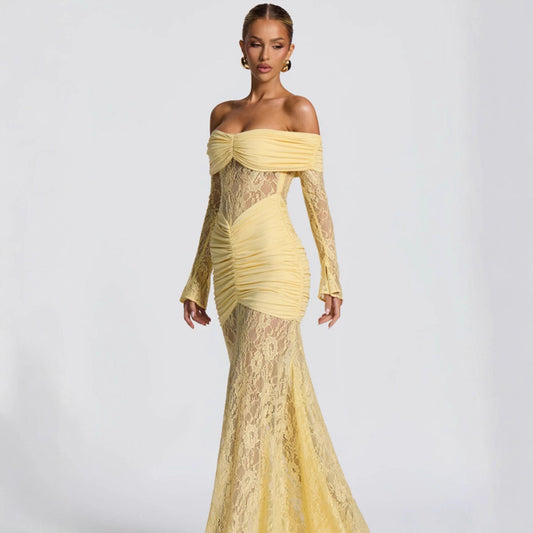 Women's Long Sleeve Off Shoulder Lace Ruched Ruffles Bodycon Sexy Nightclub Party Dress