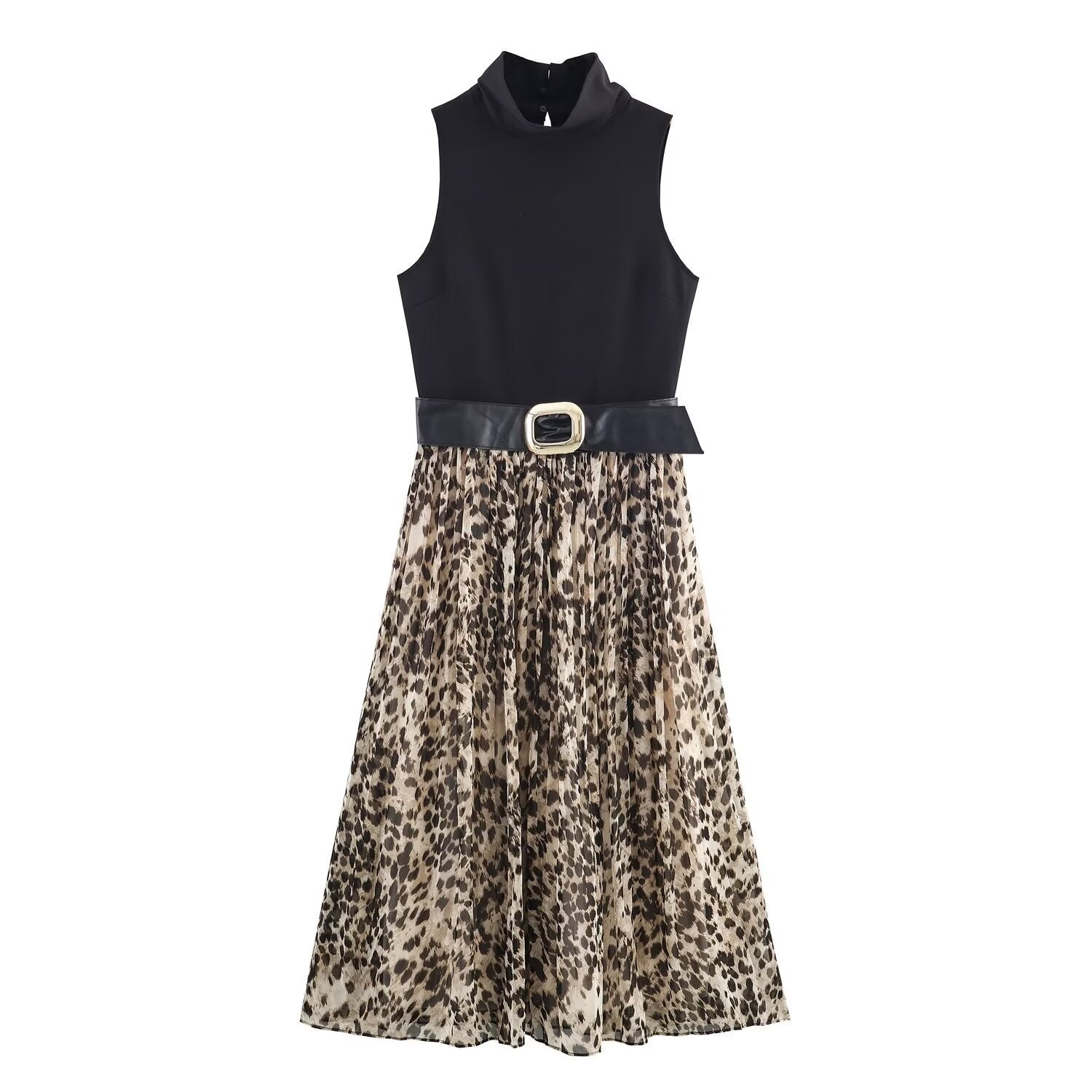 Women A Line Midi Dress High Neck Sleeveless Animal Print Patchwork Design with Wide Faux Leather Belt Elegant