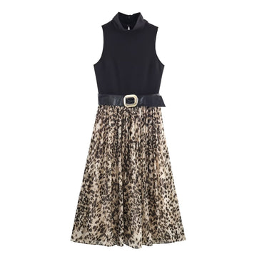 Women A Line Midi Dress High Neck Sleeveless Animal Print Patchwork Design with Wide Faux Leather Belt Elegant