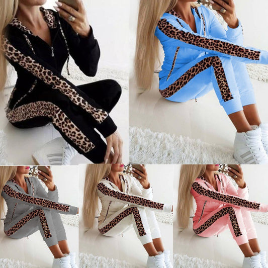 Women 's 2 Piece Outfits Casual Sweatsuit Long Sleeve Leopard Print Zip Fronted Tracksuit Lounge Set Streetwear
